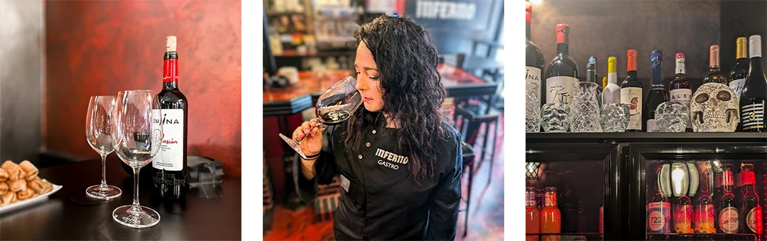 Wine composition at Inferno Gastro Bar: bottle of wine with glasses poured, sommelier tasting a red wine, and a view of wine bottles at the bar.