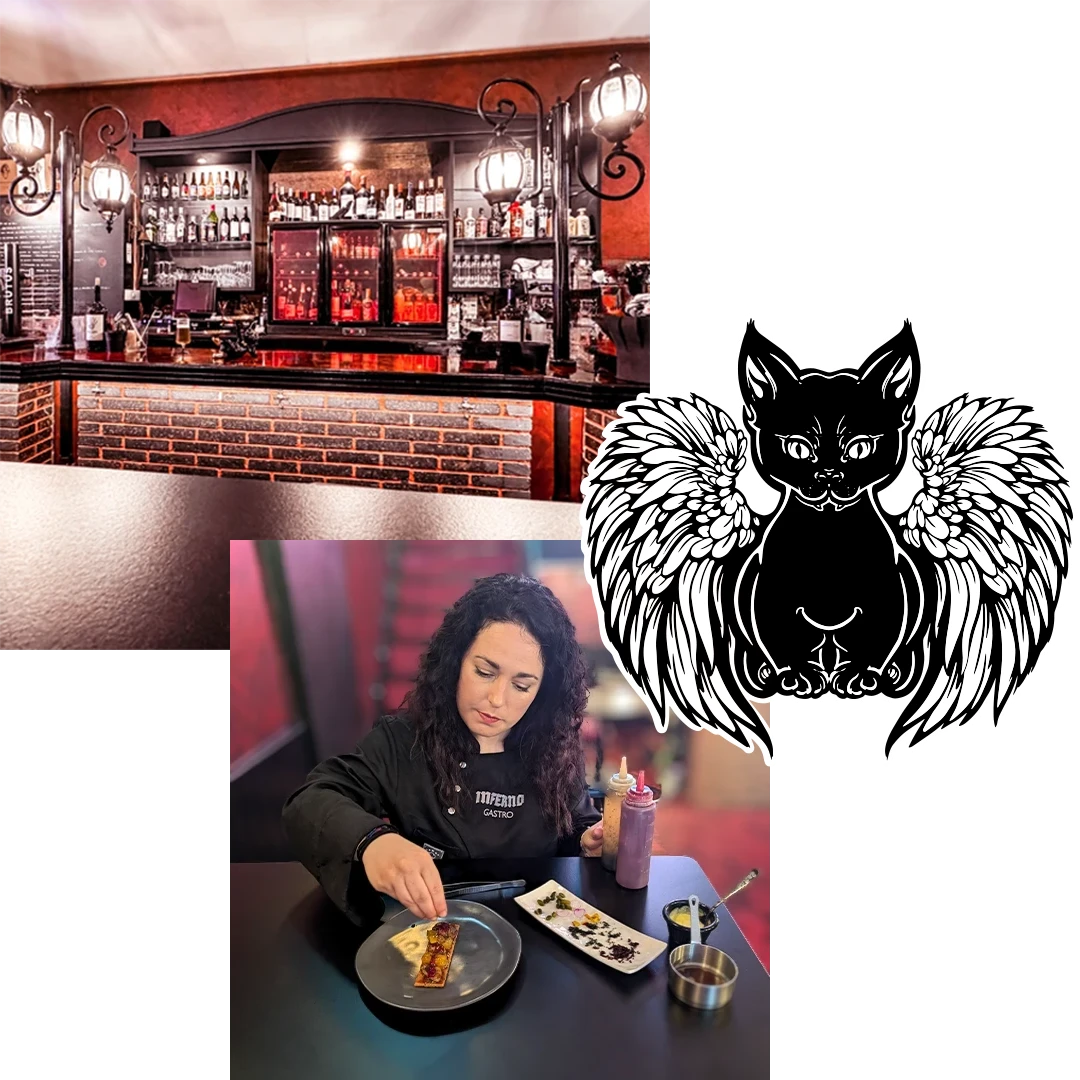 Bar del Inferno Gastro Bar decorated in an elegant style, with a chef preparing a gourmet dish and the restaurant's characteristic logo.