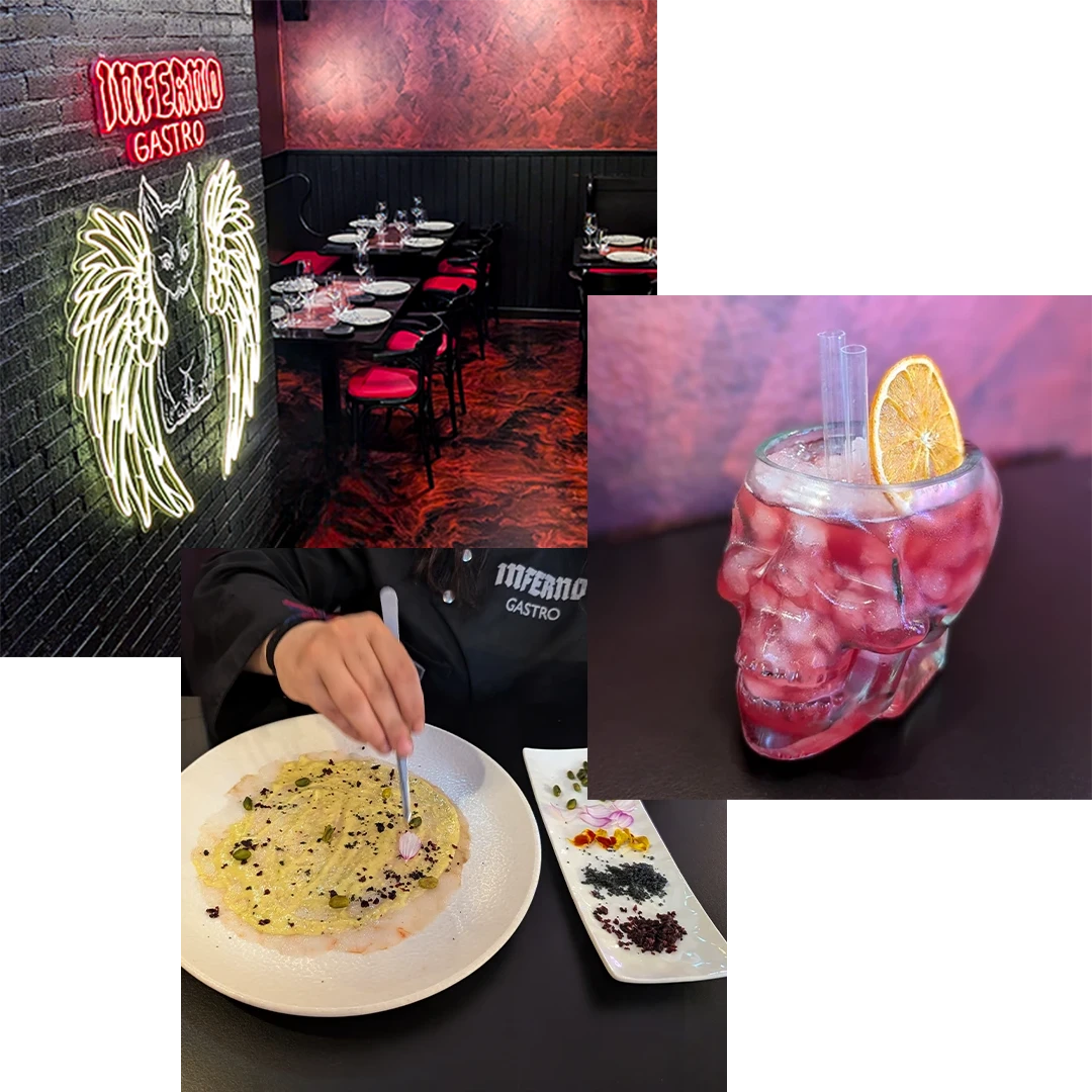 Interior view of Inferno Gastro Bar with its neon logo illuminating the space, white shrimp carpaccio decorated with pistachio vinaigrette and cocktail served in a skull-shaped glass.